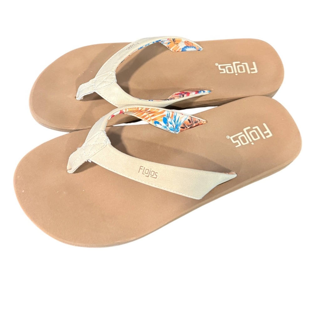 Flojos Womens Flip Flop Sandals Cream/Tropical Print inside 7.5 - Picture 2 of 4